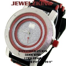 Men's Ice Nation/pave Master Iced Out Silver/red Hip Hop Silicone Band Watch