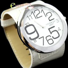 Mens Lady White Big Case Quartz Bracelet Leather Band Wrist Watch