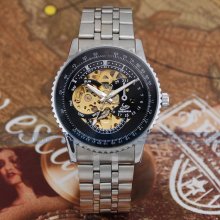 Mens Silver Mechanical Watch with Gold Skeleton and Black Dial