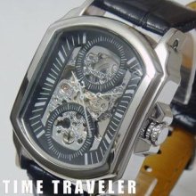 Mens Skeleton Auto Mechanical Leather Wrist Watch Black