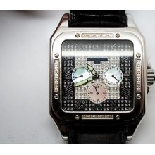 Mens Techno Com Square Stainless Steel Frame Opalescent Face Leather Strap Watch