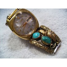 Mens Turquoise Sterling Band Gold Plate W/ Seiko Automatic
