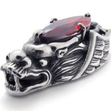 Mens Vintage Stainless Steel Dragon Pendant Necklace - Red Cz Ae21182