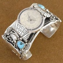 Mens Watch Bracelet Navajo Turquoise Coral Sterling Silver Elk Cuff S7.25-8