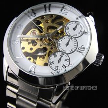 Mens White Hollow Transparent Dial Stainless Bezel Automatic Mechanical Watches