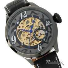 Metallic Black Skeleton Face Pu Leather Band Auto Mechanical Men Sports Watch