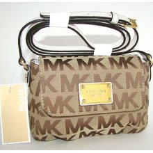 Michael Kors Item Beige,vanilla Mk Signature Logo Jacquard Crossbody Handbag-new