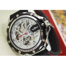 Military Silicon Black Silver Automatic Skeleton Rare Screw Style Case Men Watch