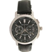 Nautica Dress Chronograph Tachymeter Leather Band Black Womens Watch N18617m