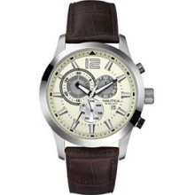 Nautica Men`s Chronograph Watch W/ Brown Croc Leather Band & Cream Dial
