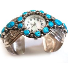 Navajo Cuff Watch Bracelet Signed WB Sterling Silver with Turquoise