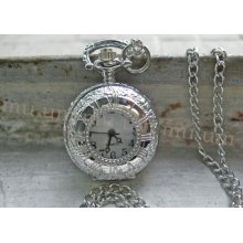 Necklace Pendant New Silver Roman Pocket Watch Quartz Gift Chain Wp105