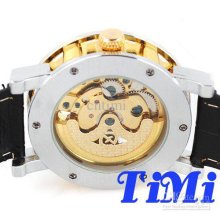 New Cool Skull Golden Skeleton Automatic Mechanical Leather Wrist Wa