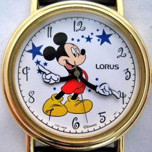 New Lorus Mickey Mouse Gold Mens Women Watch Blue Stars Gold Tone Gold