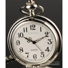 New Silver Engrave Mens Quartz Pocket Watch Chain