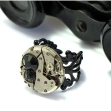 Noir Steampunk Ring Vintage 17 Jewels Watch Movement Black Industrial Gothic Designed by Mystic Pieces