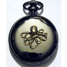 Octopus Black Pocket Watch Steampunk Gold Squid Cthulhu Gothic Necklace or Chain Fob