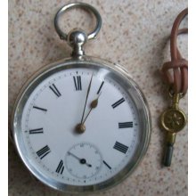 Old Pocket Watch Key Wind Open Face Silver Case 53,5 Mm. Running