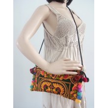 Orange With Colorful Pom Pom around Purse Cross-Over Bag Fashionable Hill Tribe Fair Trade (BG811P2-OB)