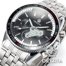 Orkina Fashion Mens Stainless Steel Case 24 Hour Dress Movement Quartz Watch