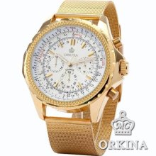 Orkina Gold Case White Dial Stainless Steel Mesh Men Quartz Watch Dailyetrade