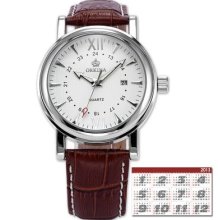 Orkina Men Elegant Analog Brown Leather Sport Date Steel Case Quartz Wrist Watch