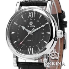 Orkina Mens Boyfriend Stainless Steel Case Leather Dress Quartz Watch Gbh