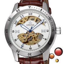 Orkina Mens Mechanical Wrist Watches Skeleton Self-wind Watch Pointer Display