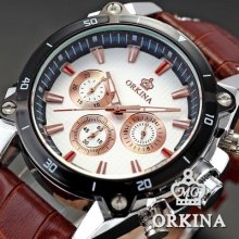 Orkina White Dial Brown Leather 3 Dial 24 Hours Men Quartz Sport Wrist Watch
