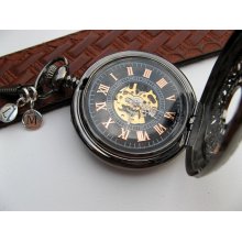 Personalized Black Mechanical Pocket Watch, Watch Chain, 2 Silver Letter Charms - Groomsmen Gift - Item MPW704-SSPC