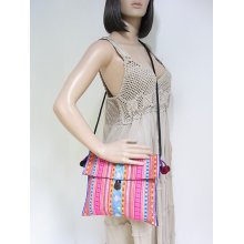 Pink Cross-body Bag Purse Hill Tribe Fabric Vintage HMONG Handmade Thailand (BG914.X300)