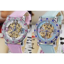 Pink Or Blue Strap Womens Lady Crystals Self Wind Mechanical Wrist Watch