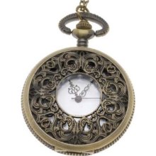 Pocket Watch Pendant - Antiqued Brass Quartz Motion - Filigree Lid And Chain