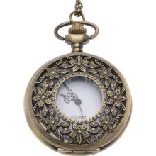 Pocket Watch Pendant - Antiqued Brass Quartz Motion - Floral Lid And