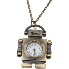 Pocket Watch Pendant - Antiqued Brass Quartz Motion - Robot With Chain