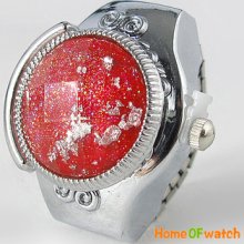 Pop Gift Fashion Red Glass Art Stretchy Finger Ring Quartz Watch