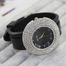 Quartz Crystal Diamond Stainless Steel Bracelet Woman Black Wristwatch