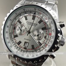 Quartz Hour Dial Date Water Silver Clock Sport Men Steel Wrist Watch Wg221