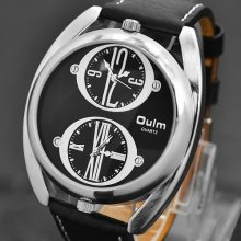 Quartz Men Hours Aanlog Fashion Wrist Watch Black Leather Band Two Time Display