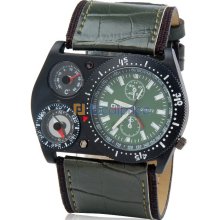 Quartz Movement Analog Sporty Watch with Faux Leather Strap, Compass, Thermometer (Dark Green)