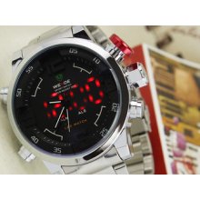 Rare Big Button Red Analog & Digital Stainless Steel Army Design Wrist Watch