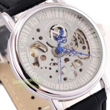 Rare Hollow Silver Golden Skeleton Gent Mens Handwind Mechanical Watch Skull
