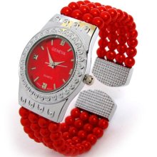 Red Faux Pearl Band Fancy Geneva Ladies Bangle Cuff Watch