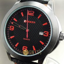 Red Hand Quartz Hours Date Analog Dial Black Leather Men Wrist Watch Wt044