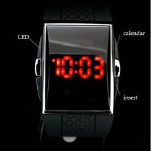 Red Led Light Date Digital Mens Quartz Black Silicon Wrist Band Watch W023