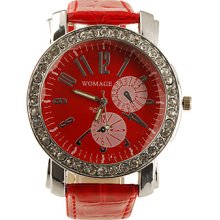Red Pu Leather Band Big Dial Crystal Wrist Watch