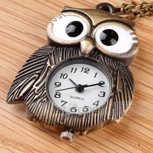 Retro Antique Style Brass Big Eye Owl Form Necklace Peandant Quartz Pocket Watch