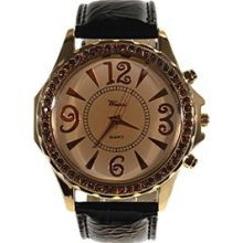 Rhinestone Bezel Round Dial Quartz Wrist Watch Copper Case Leather Ban