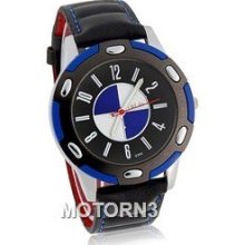 Round Dial Men's Analog Watch with Faux Leather Strap (Blue)