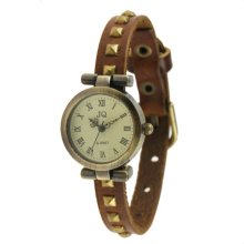 Round Dial PU Leather Band Analog Quartz Watch (Brown) - Stainless Steel
